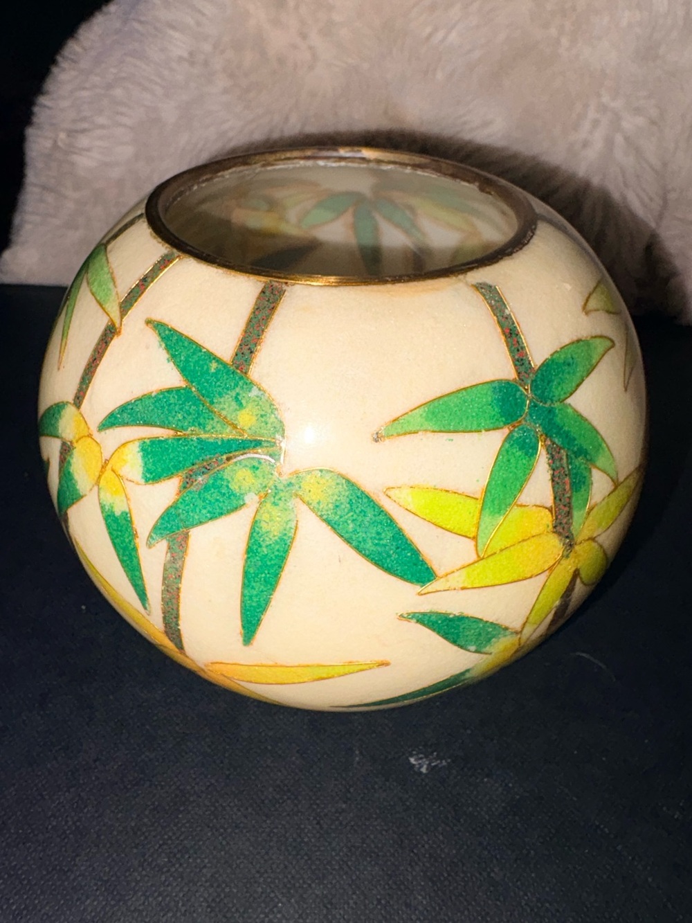 VTG  PLIQUE A JOUR CLOISONNE Hand CraftedBamboo enamel Design Rose Bowl VASe 4 “
